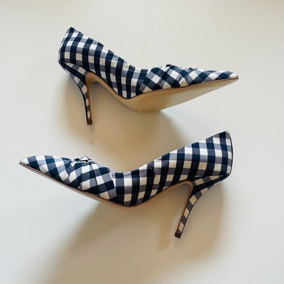 NWOB MAJE Navy Plaid Twisted Heels Pointed Toe Navy Blue White Checkerboard - Picture 3 of 9